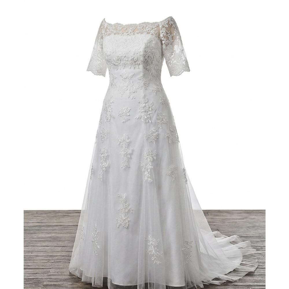 White Wedding Dress 16W Off-Shoulder Illusion Gown with Train